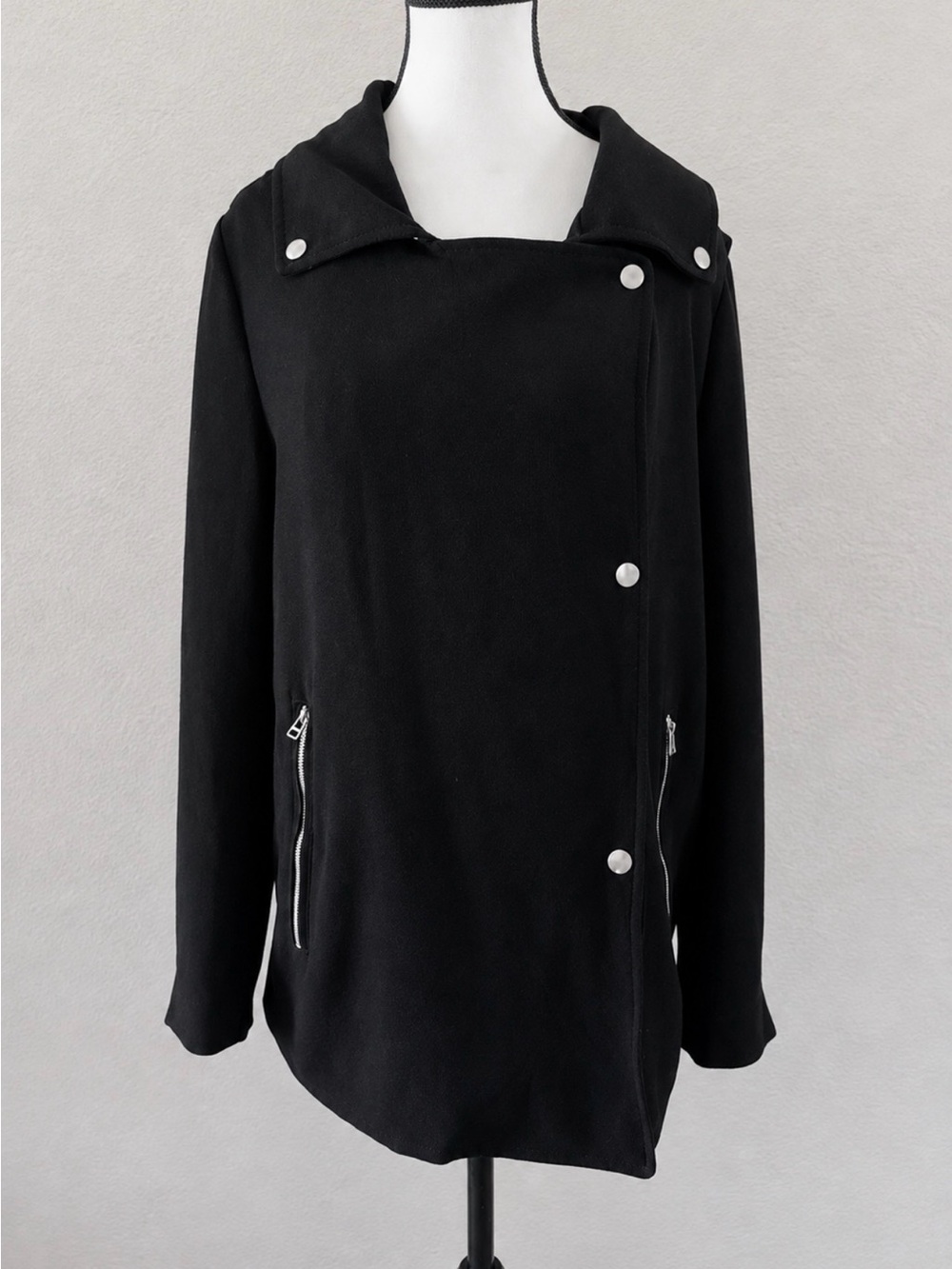 Joan Vass Studio Black Knit Jacket Convertible Snap Front Zip Pocket & Cuff